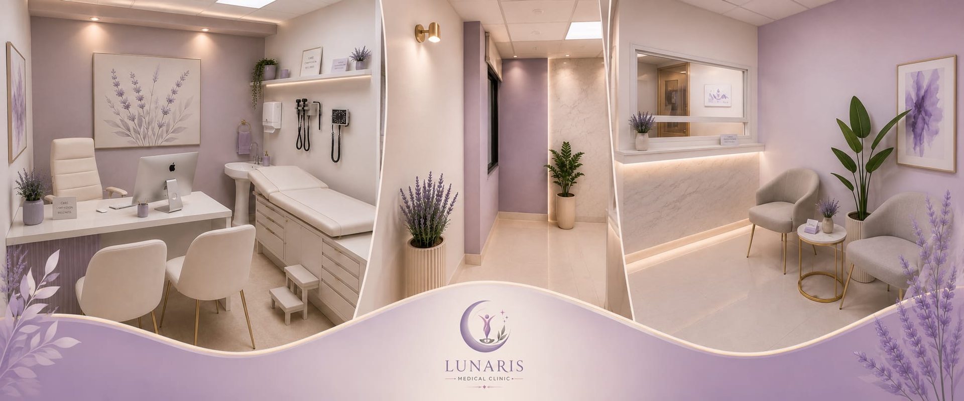 Interiores de Lunaris Medical Clinic — recepción, pasillo y sala de examen — con el logo de la clínica